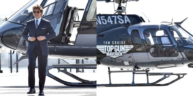Tom Cruise arrived to the San Diego premiere of "Top Gun: Maverick" in a helicopter and his classic aviator sunglasses.