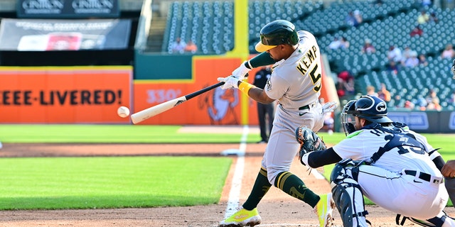 Oakland Athletics second baseman Tony Kemp (5) lines a ball foul in the second inning during the Detroit Tigers versus the Oakland As game 2 of a doubleheader on Tuesday May 10, 2022 at Comerica Park in Detroit, MI.