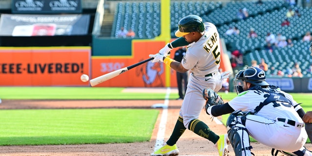 Oakland Athletics second baseman Tony Kemp (5) lines a ball foul in the second inning during the Detroit Tigers versus the Oakland As game 2 of a doubleheader on Tuesday May 10, 2022 at Comerica Park in Detroit, MI.