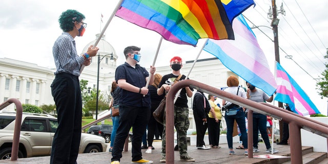 Tansgender rights paradegoers holding gay pride, transgender flags