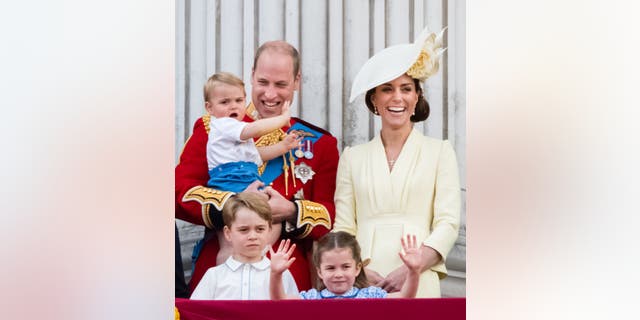 Prince Louis, Prince George, Prince William, Duke of Cambridge, Princess Charlotte and Catherine, Duchess of Cambridge appear on the balcony during Trooping the Colour.