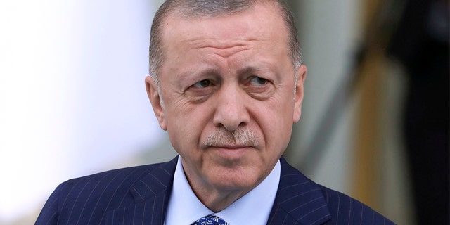 ملف - الرئيس التركي رجب طيب أردوغان يصل إلى حفل استقبال لنظيره الجزائري عبد المجيد تبون في أنقرة يوم 16 مايو أيار 2022. 