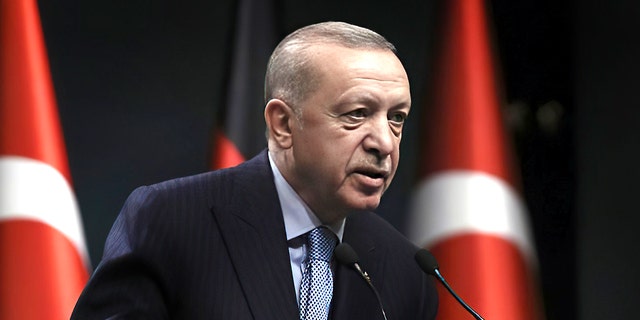 Ο Τούρκος πρόεδρος Ρετζέπ Ταγίπ Ερντογάν μιλάει κατά τη διάρκεια συνέντευξης Τύπου, στην Άγκυρα της Τουρκίας, στις 14 Μαΐου. 