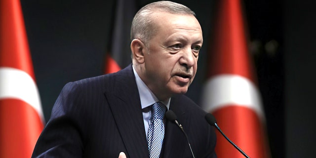 Turkey's President Recep Tayyip Erdogan speaks during a news conference, in Ankara, Turkey, on May 14. 