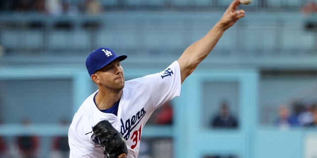 Tyler Anderson of the Los Angeles Dodgers pitches during the first inning of the second game of a doubleheader against the Arizona Diamondbacks at Dodger Stadium May 17, 2022, a Los Angeles.