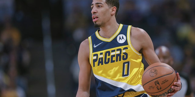 Tyrese Haliburton of the Pacers during the Detroit Pistons game at Gainbridge Fieldhouse on April 3, 2022, in Indianapolis, Indiana.