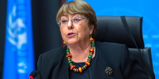 FILE - Michelle Bachelet, UN High Commissioner for Human Rights, speaks during a news conference at the European headquarters of the United Nations in Geneva, Switzerland, on Dec. 9, 2020.