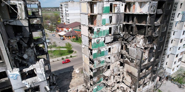 A view shows buildings destroyed by shelling in Borodyanka, Ukraine, on Monday, May 2.
