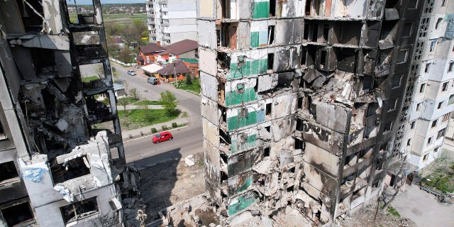 A view shows buildings destroyed by shelling in Borodyanka, Ukraine, on Monday, May 2, 2022.