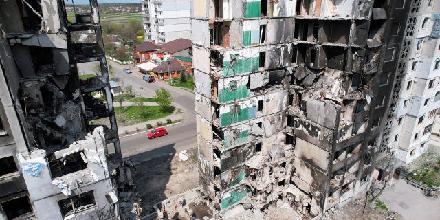 A view shows buildings destroyed by shelling in Borodyanka, Ukraine, on Monday, May 2.