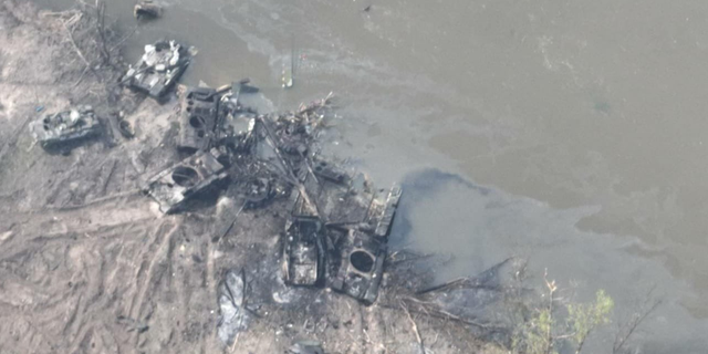 Russian tanks and other vehicles purportedly destroyed during the failed river crossing.