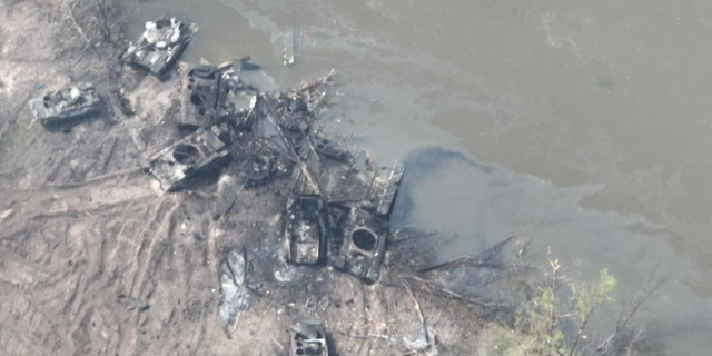 Russian tanks and other vehicles purportedly destroyed during the failed river crossing.