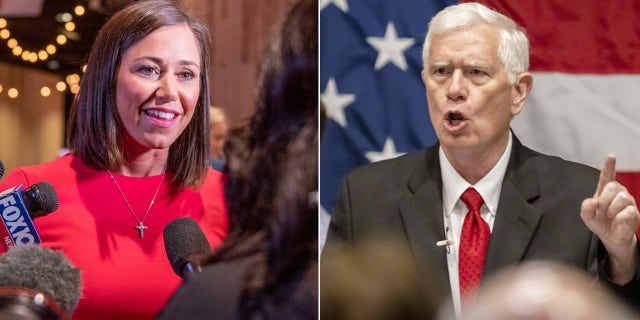 Senate candidates Katie Britt (L) and Mo Brooks (R)