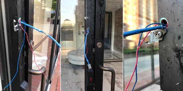 Photos provided to Fox News Digital show exposed intercom system wires outside of the Concerned Women for America's headquarters in D.C.