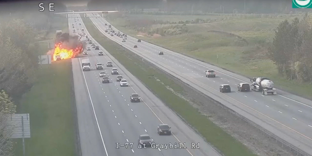 Ohio Department of Transportation vehicle hit by dump truck causes fire explosion on highway