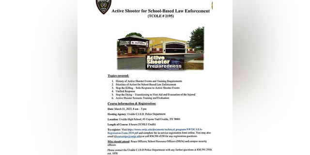 "Active Shooter for School-Based Law Enforcement" was the training hosted by the school district's police department on March 21, and was "Peace Officers, School Resource Officers, and campus security officers" were encouraged to attend.