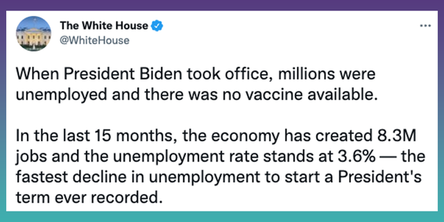 White House tweet claims there was "no vaccine" when Biden took office.