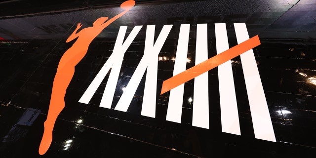 The WNBA celebrates its 25th year as a league with a logo on the court on June 24, 2021, at Barclays Center in Brooklyn.