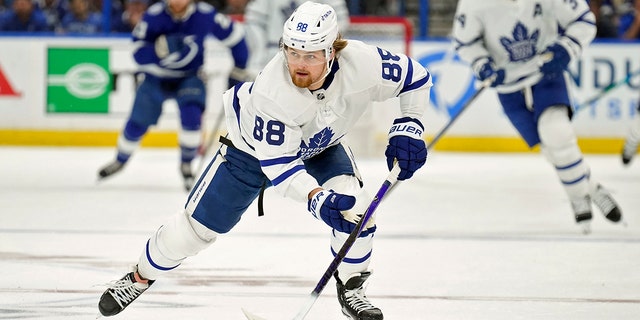 Toronto Maple Leafs right wing William Nylander (88) breaks out against the Tampa Bay Lightning during the first period in Game 6 of an NHL hockey first-round playoff series Thursday, May 12, 2022, in Tampa, Fla.