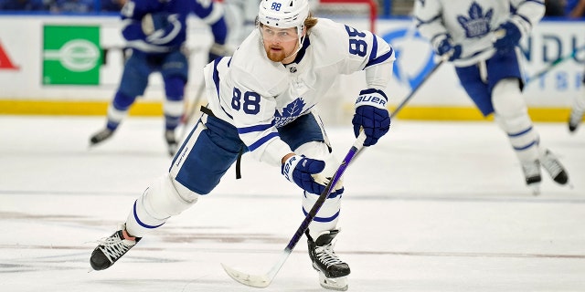 Toronto Maple Leafs right wing William Nylander (88) breaks out against the Tampa Bay Lightning during the first period in Game 6 of an NHL hockey first-round playoff series Thursday, May 12, 2022, in Tampa, Fla.