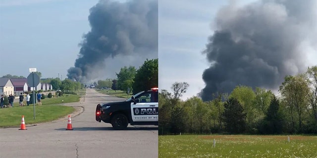 A fire burned at a marine construction company in Wisconsin, Thursday, May 19, 2022.