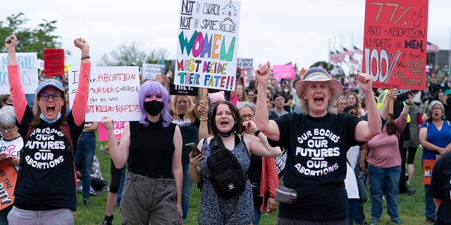 Abortion rights activist rally at the Washington Monument before a march to the U.S. Supreme Court in Washington, D.C., on May 14, 2022.