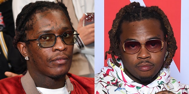 Rappers Young Thug, left, and Gunna among 28 indicted on racketeering charges in Georgia.