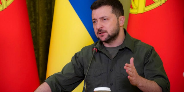 Ukrainian President Volodymyr Zelenskyy attend a news conference with Portuguese Prime Minister Antonio Costa after their meeting in Kyiv, Ukraine, on May 21, 2022.