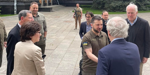 Senate Minority Leader Mitch McConnell, R.K., met with President Zelensky in Ukraine.  Andrej Sibiha, a member of President Zelensky's administration, posted the photos on Facebook on May 14, 2022.