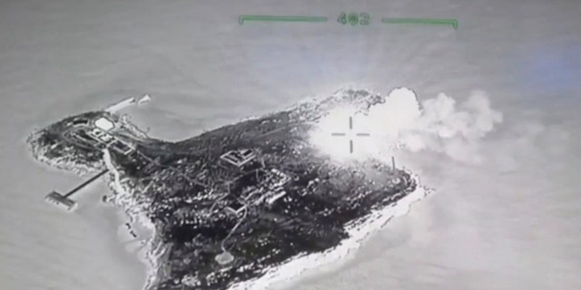 A view shows fire on Zmiinyi (Snake) Island, Ukraine, in this screengrab taken from a drone video obtained by Reuters on May 8, 2022. 