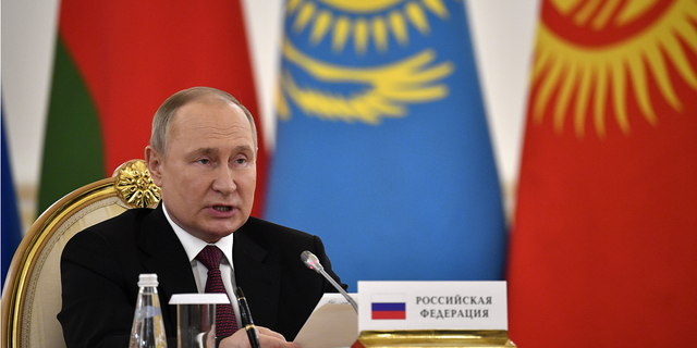 Russian President Vladimir Putin addresses a meeting of the leaders of the Collective Security Treaty Organization at the Kremlin in Moscow, Russia, on Monday, May 16.