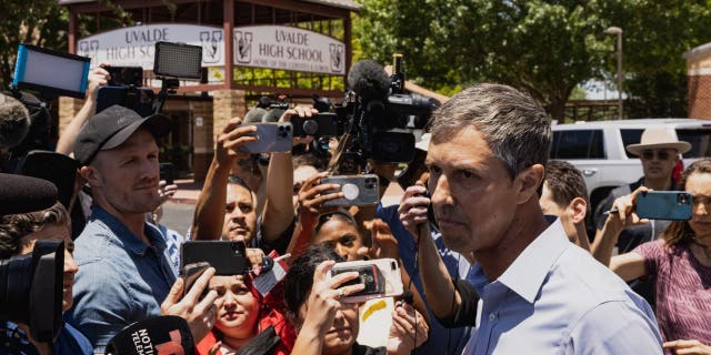 Democratic gubernatorial candidate Beto O'Rourke speaks to the media after interrupting a news conference held by Texas Governor Greg Abbott at Uvalde High School on May 25, 2022 in Uvalde, Texas.