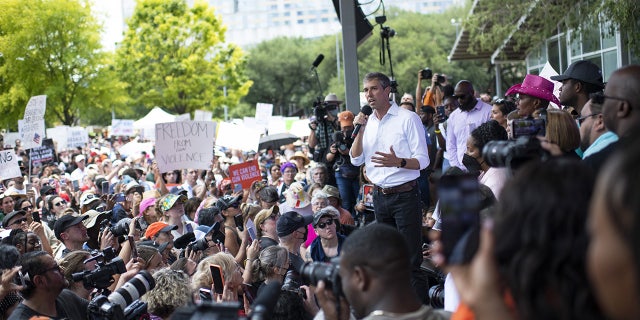 Beto O'Rourke, Democratic gubernatorial candidate for Texas, speaks at a protest during the National Rifle Association (NRA) annual convention in Houston, Texas, US, on Friday, May 27, 2022. Houston Mayor Sylvester Turner said the NRA should postpone its convention in the city this weekend out of respect for the victims of the nations second deadliest school shooting this week in Uvalde, Texas. Photographer: Mark Felix/Bloomberg via Getty Images