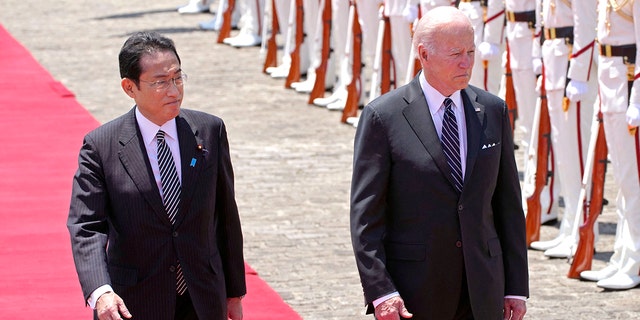 President Joe Biden and Japanese Prime Minister Fumio Kishida attend a welcome ceremony at the Akasaka Palace state guest house in Tokyo on May 23, 2022.