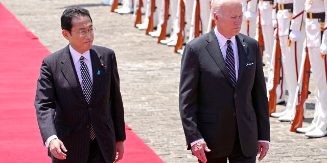 President Joe Biden and Japanese Prime Minister Fumio Kishida attend a welcome ceremony at the Akasaka Palace state guest house in Tokyo on May 23, 2022.