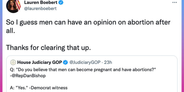 Rep. Lauren Boebert, R-Colo., mocks abortion activist who agreed that men can get pregnant and have abortions.
