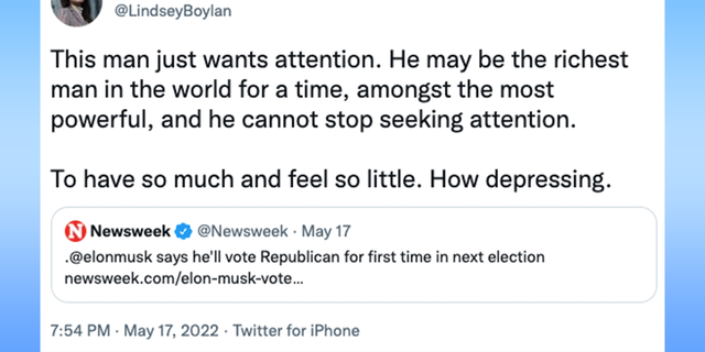 Lindsey Boylan mocks Musk after billionaire claims he'll vote Republican in the future. 