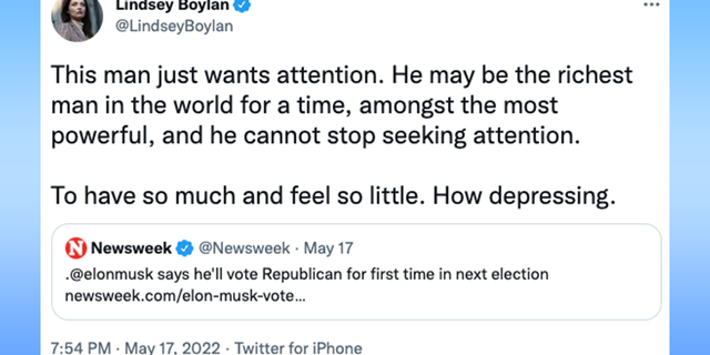Lindsey Boylan mocks Musk after billionaire claims he'll vote Republican in the future.