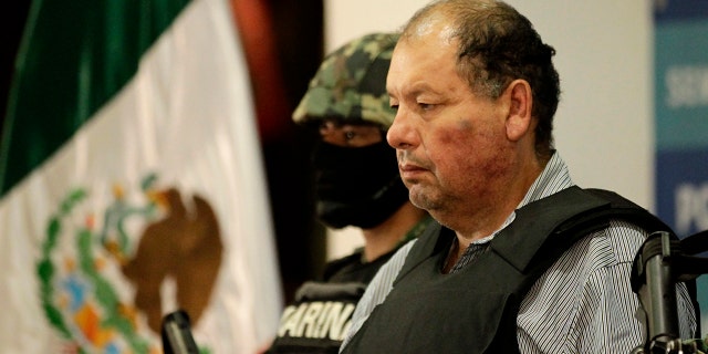 Mexican marines escort former Gulf Cartel leader Mario Cardenas Guillen, alias "El Gordo or El M-1," as he is presented to the media in Mexico City September 4, 2012.