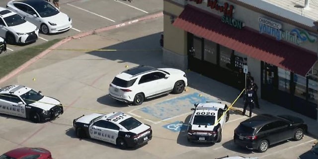Dallas police cars surround the Hair World Salon after a gunman shot three women inside.