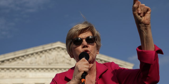 U.S. Sen. Elizabeth Warren (D-MA) speaks during a rally in front of the U.S. Supreme Court in response to the leaked Supreme Court draft decision to overturn Roe v. Wade May 3, 2022, in Washington, D.C. 
