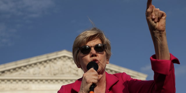 U.S. Sen. Elizabeth Warren (D-MA) speaks during a rally in front of the U.S. Supreme Court in response to the leaked Supreme Court draft decision to overturn Roe v. Wade May 3, 2022, in Washington, D.C.