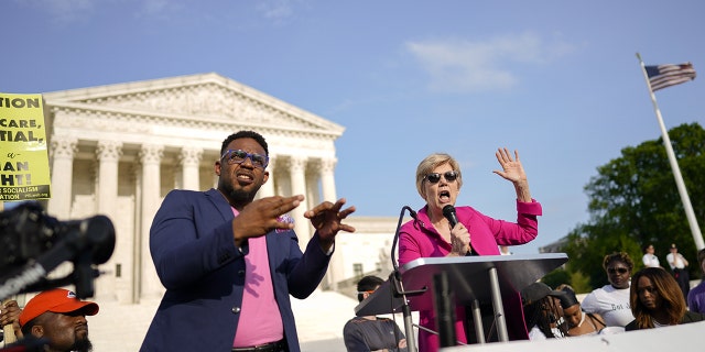 U.S. Sen. Elizabeth Warren (D-Mass.) was among Democrats who gathered outside the Supreme Court on Tuesday, May 3, 2022.