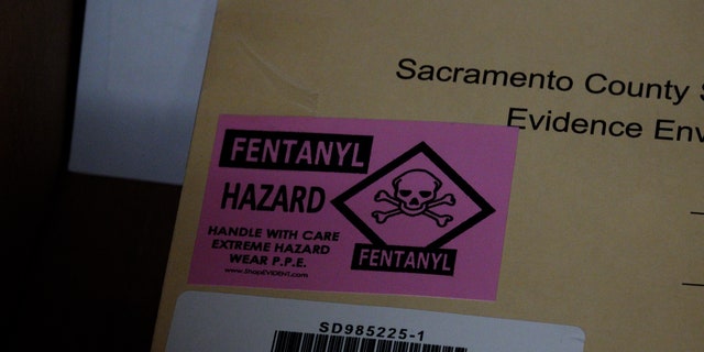 A folder with fentanyl pills kept inside the Sacramento County Sheriff's Office evidence warehouse April 22.