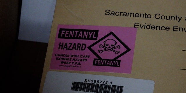 A folder with fentanyl pills kept inside the Sacramento County Sheriff's Office evidence warehouse April 22.