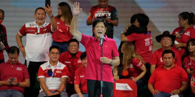 Presidential hopeful Ferdinand Marcos Jr., the son of the late dictator, speaks during a campaign rally in Quezon City, Philippines, on April 13, 2022.