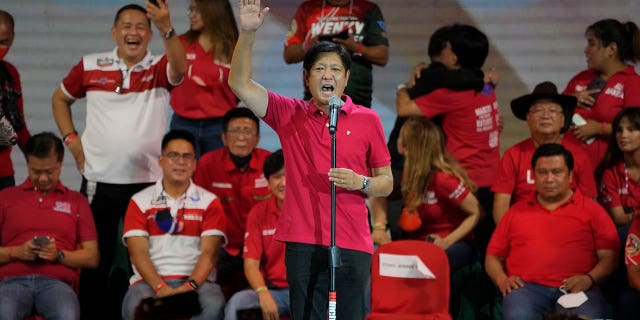 Presidential hopeful Ferdinand Marcos Jr., the son of the late dictator, speaks during a campaign rally in Quezon City, Philippines, on April 13, 2022.