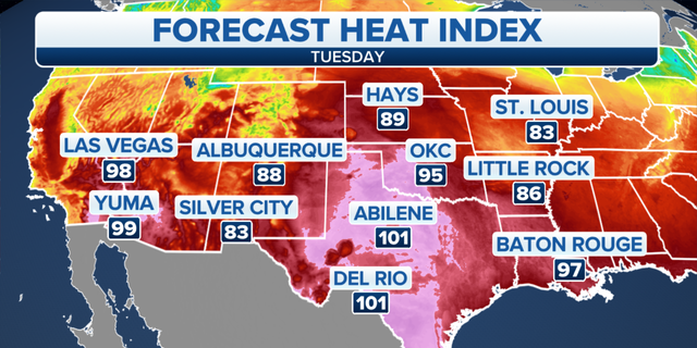 The forecast heat index for Tuesday.