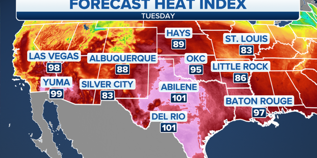 The forecast heat index for Tuesday.