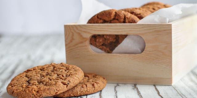 Oatmeal cookies laid out on a table